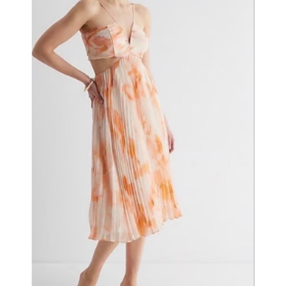 Express Midi Dress Womens XL Orange Floral Conscious Edit Pleated Cut Out Summer